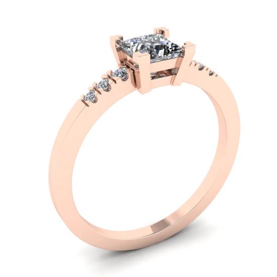 Princess Cut Diamond Ring with 3 Small Side Diamonds Rose Gold,  Enlarge image 4