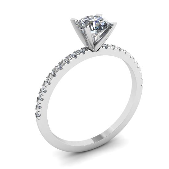 Classic Round Diamond Ring with thin side pave White Gold,  Enlarge image 4