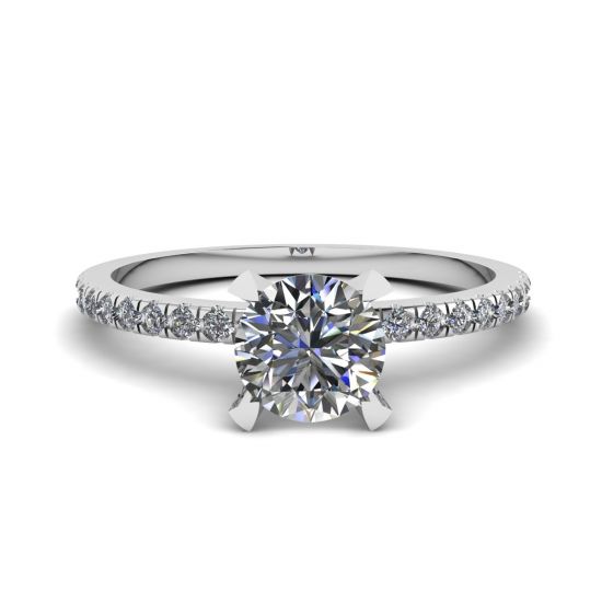 Classic Round Diamond Ring with thin side pave White Gold, Enlarge image 1