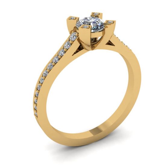 Designer Ring with Round Diamond and Pave in 18K Yellow gold,  Enlarge image 4
