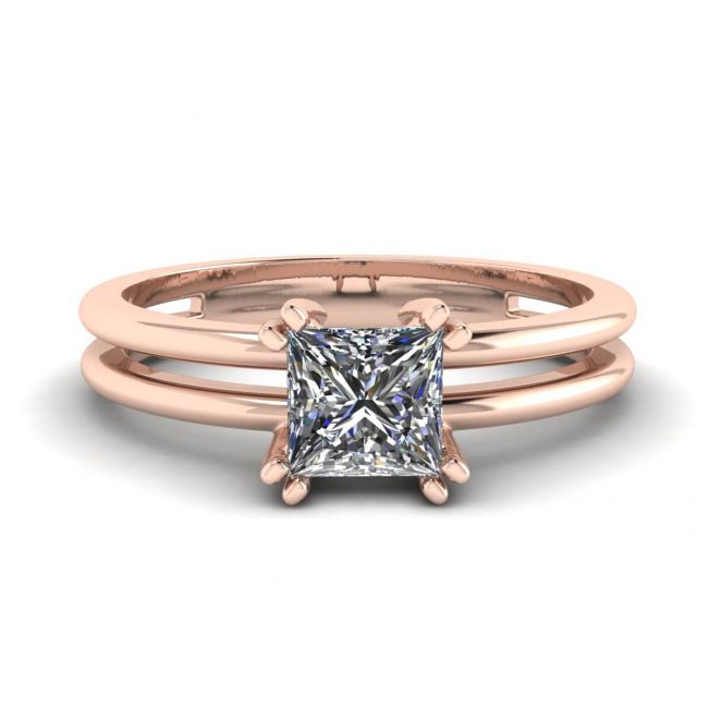 Contemporary Princess Cut Engagement Double Ring Rose Gold