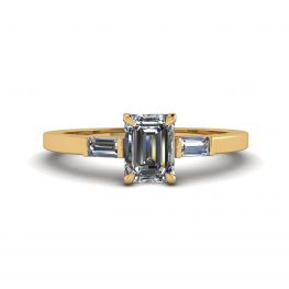 Emerald Cut and Side Baguette Diamond Ring Yellow Gold