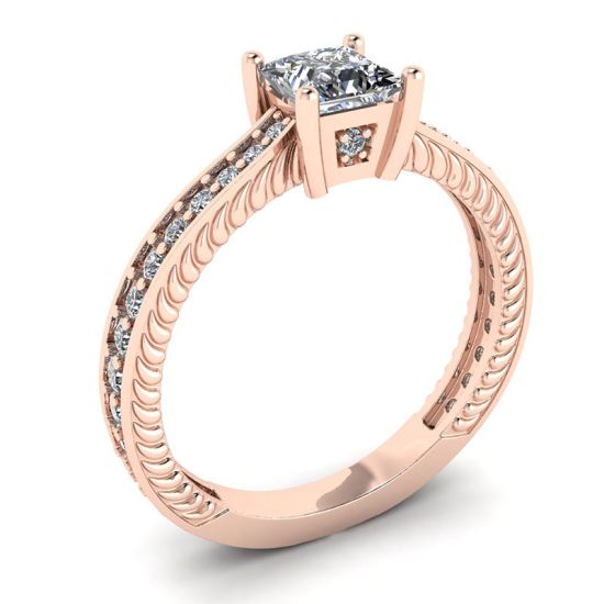 Oriental Style Princess Diamond Ring with Pave in 18K Rose Gold,  Enlarge image 4