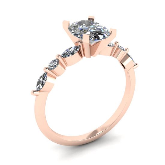Oval Diamond Side Marquise and Round Stones Ring Rose Gold,  Enlarge image 4
