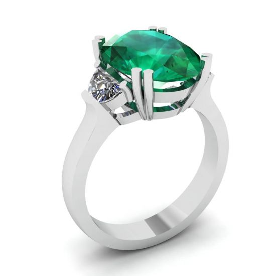Oval Emerald with Half-Moon Side Diamonds Ring,  Enlarge image 4