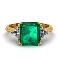 3 carat Emerald Ring with Triangle Side Diamonds Yellow Gold