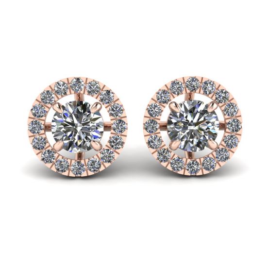 Round Diamond Halo Stud Earrings in 18K Rose Gold, Enlarge image 1