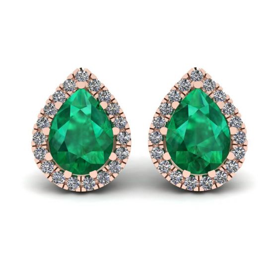 Pear-Shaped Emerald with Diamond Halo Earrings Rose Gold, Image 1