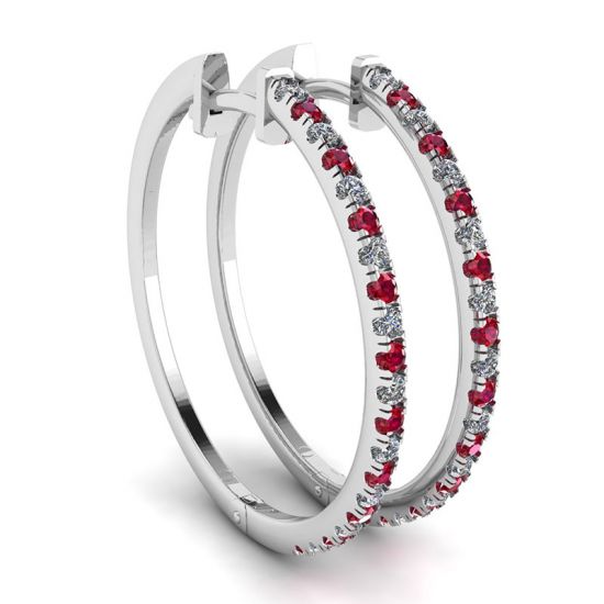 White Gold Hoop Earrings with Rubies and Diamonds 
