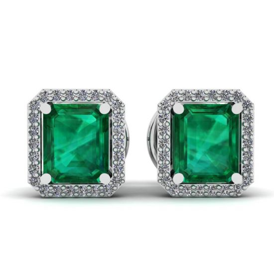 2 carat Emerald with Diamond Halo Stud Earrings White Gold, Image 1