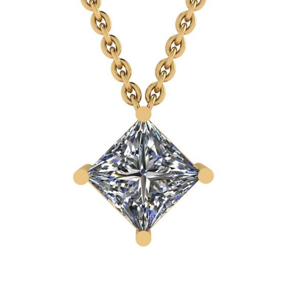 Rhombus Princess Cut Diamond Solitaire Necklace Yellow Gold, Enlarge image 1