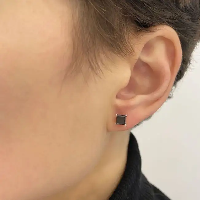 4 mm Princess Cut Black Diamond Stud Earrings - Photo 3
